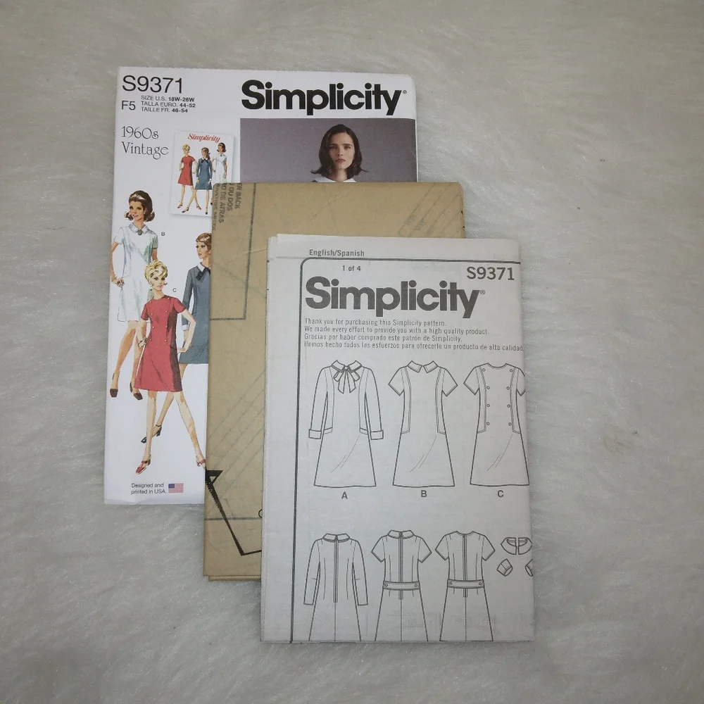 SIMPLICITY S9371 Sz 18W-26W. Vintage 1960s A line dress in variations
